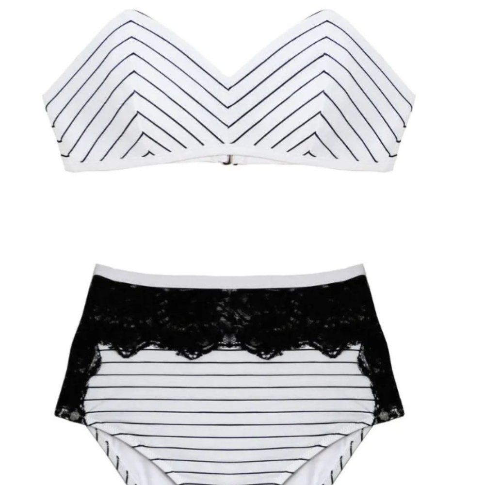 Fleur du mal Lace Insert High Waist Bikini & Bandeau Top White Pinstripe S